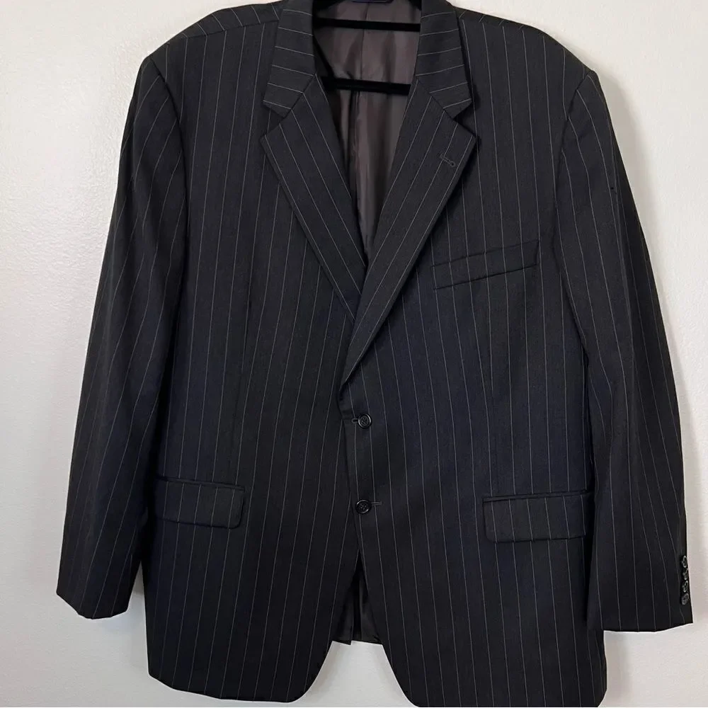 Burberry London Suit Jacket Men's Black Pin Stripe Wool 2 Button Size 40R Flaw